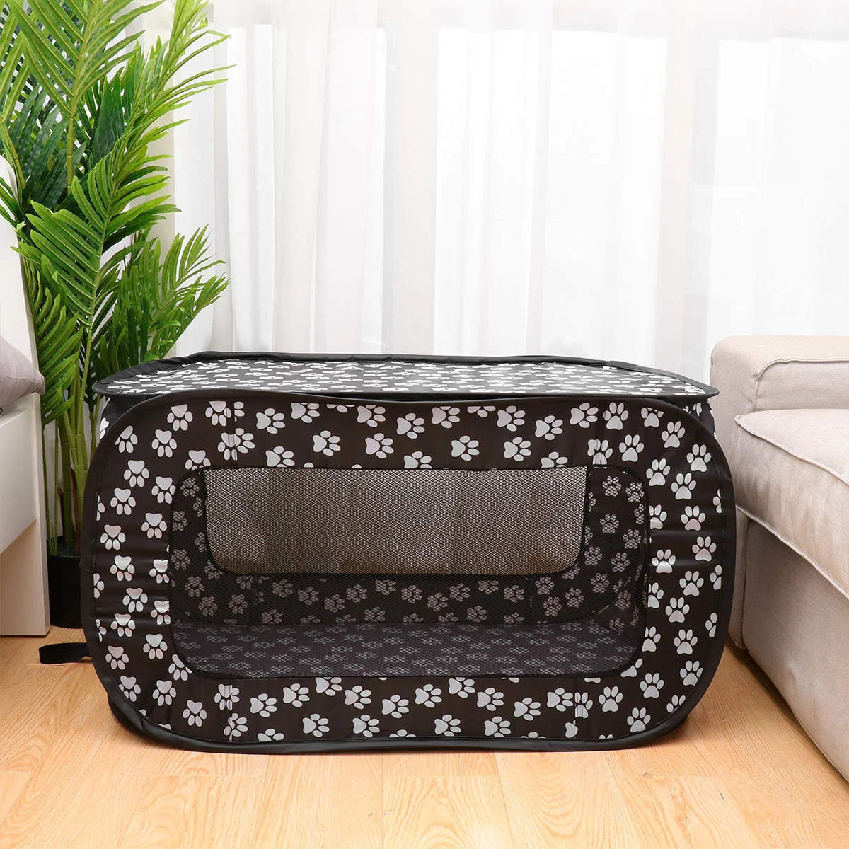 

Foldable Crate Portable 4 Door Cat Kennel with Paw Pattern Puppy House for Indoor& Outdoor 34x19x19 Inches
