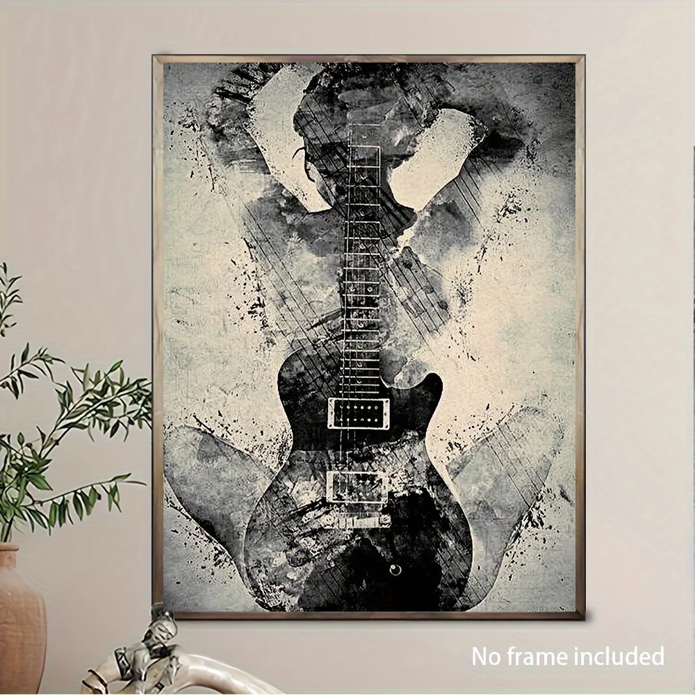Женская картина тушью с яркой гитарой - безрамное холст современный черно-белый