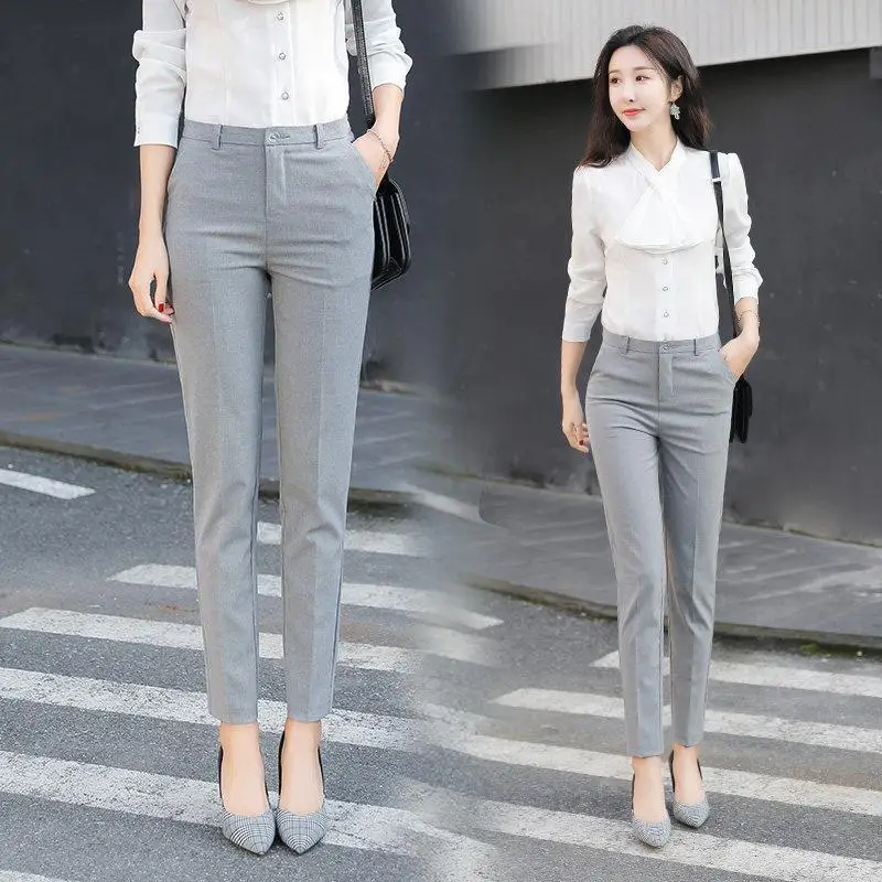 Брюки женские прямые с завышенной талией, винтажный эластичный костюм, офисные модные элегантные брюки-стрейч до щиколотки, M468, на лето