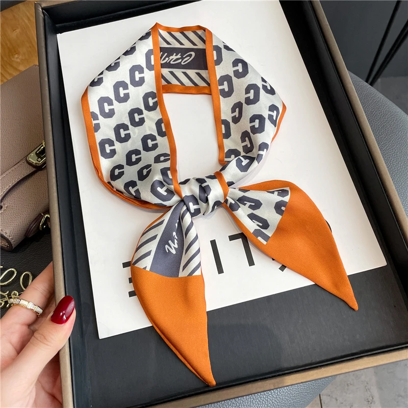 

Summer Silk Ribbon Prent Scarf Women Headband Skinny Hand Bag Wrist Foulard Neckerchief Satin Scarves Hair Accessories 2022 New