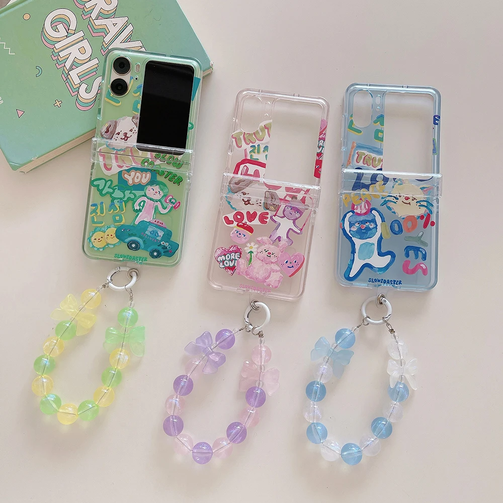 

Cartoon Art Graffiti Cat with Lanyard Bracelet Phone Case for OPPO Find N2 Flip 5G Fold Fashion Couple Anti-drop Soft Back Cover