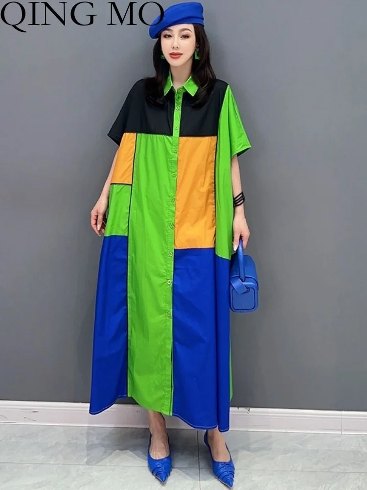 

QING MO 2023 Summer New Korean Style Casual Color Block Shirt Dress Women Show Slim Half Sleeve Patchwork Dress ZXF2686