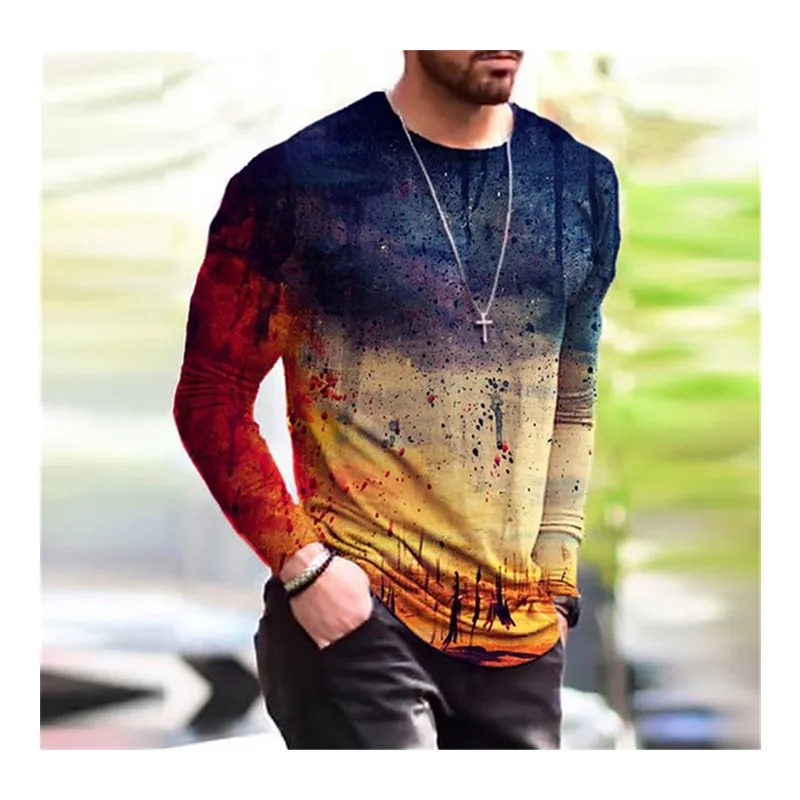 

Long sleeved O-neck fashion gradient pattern men's T-shirt 3D printed street clothing pullover casual sports Oversized t-shirt
