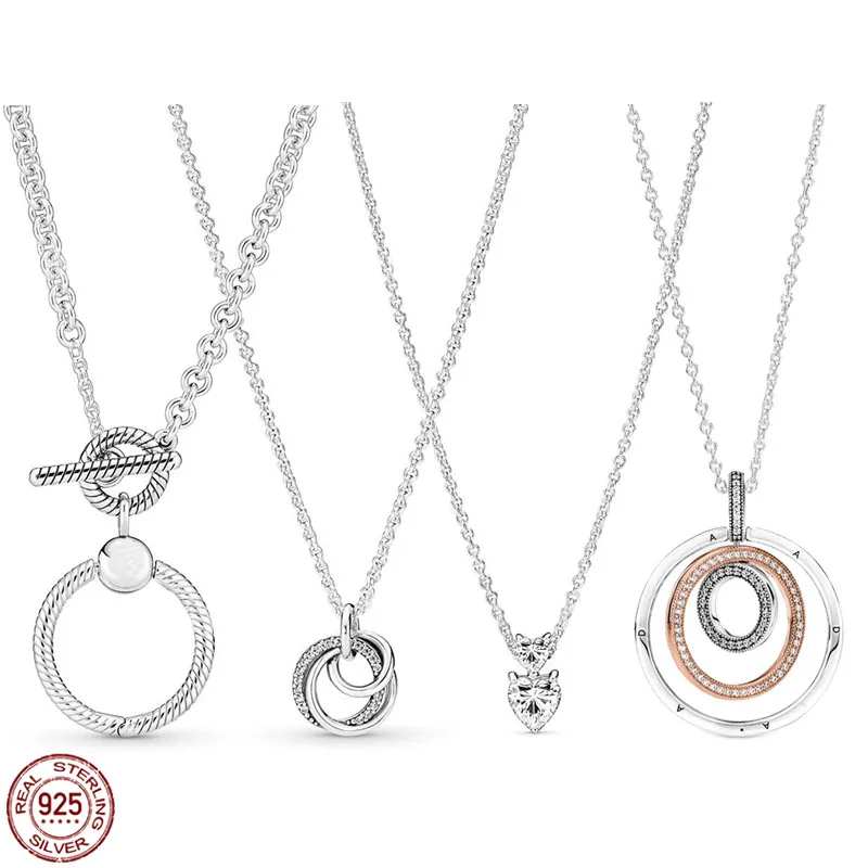 

Charm Necklace 925 Sterling Silver Two Tone Multi-Ring Necklace fit Original Pandora Charm Beads DIY Women's Jewelry