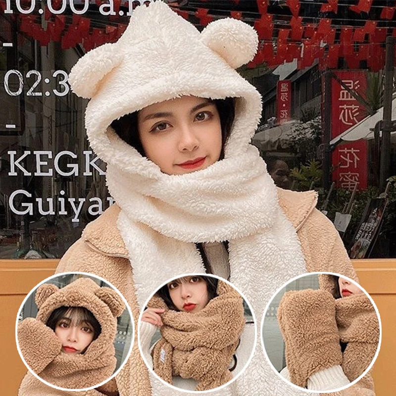 Soft Plush Bear Ear Hat Scarf Set 3 In 1 Winter Outdoor Warm Cap Gloves Windproof Double Layered Thickened Hooded Cap Scarves