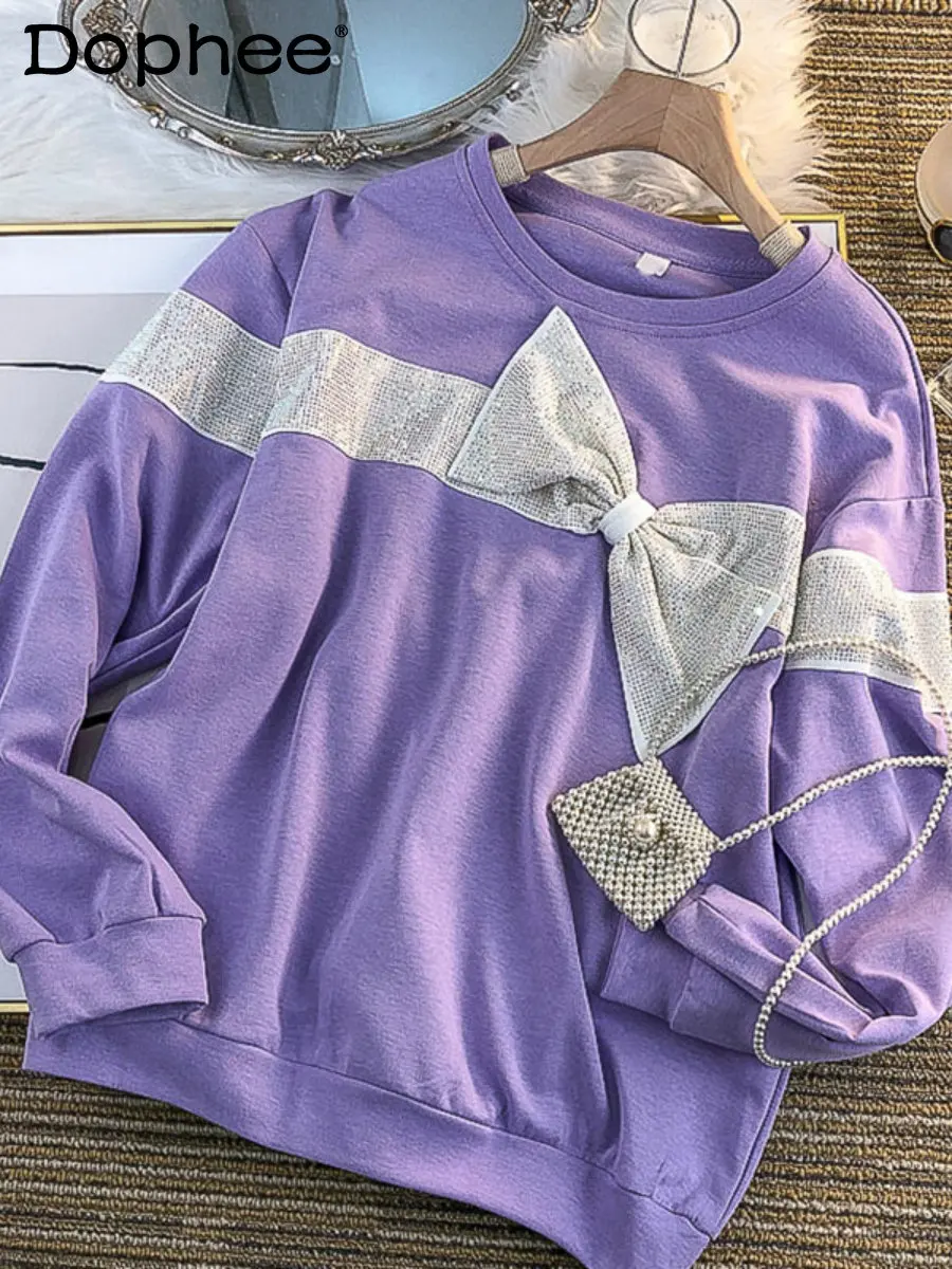 

Sweet Color Matching Rhinestone Bow Pullover Sweatshirt Coat Hoodie 2022 Autumn Winter New Loose Casual Purple Top Hoodies Women