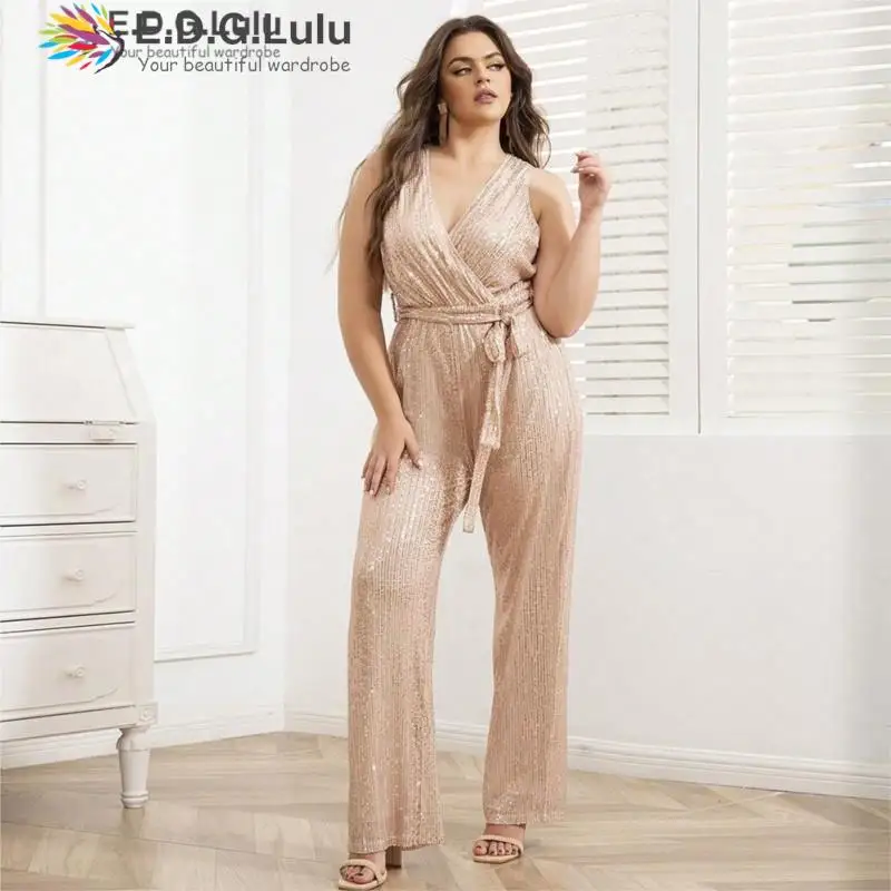 

EDGLuLu Plus Size Gold Sequins Jumpsuit 2023 Summer Clothing Sleeveless Sexy Wide Leg Long Pants Lady Outfits Club Wear 0718