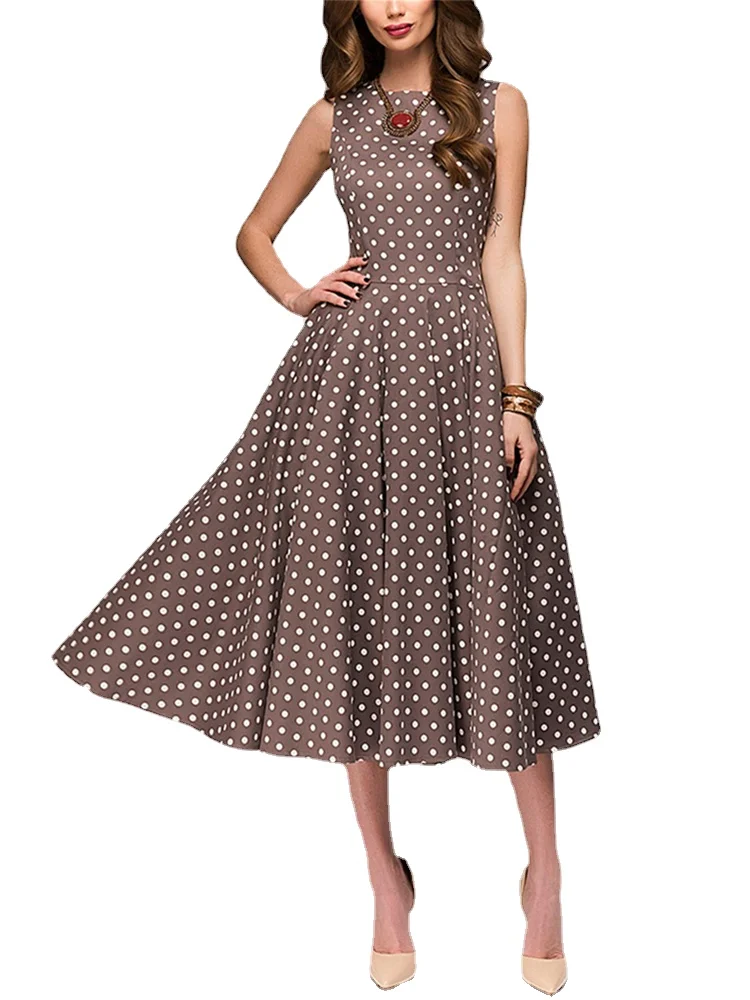 

2022 New Women Vintage Dot Wave Dresses Sleeveless O-neck Vestidos De Women Retro Elegant Dot Printing Mid-Calf Casual Dress