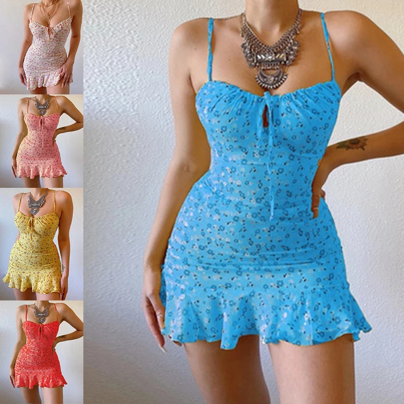 damska seksowna letnia sukienka bez rękawów Modna krótka spódniczka na co dzień z kwiatowym nadrukiem i wstążkami Elastycznoś...