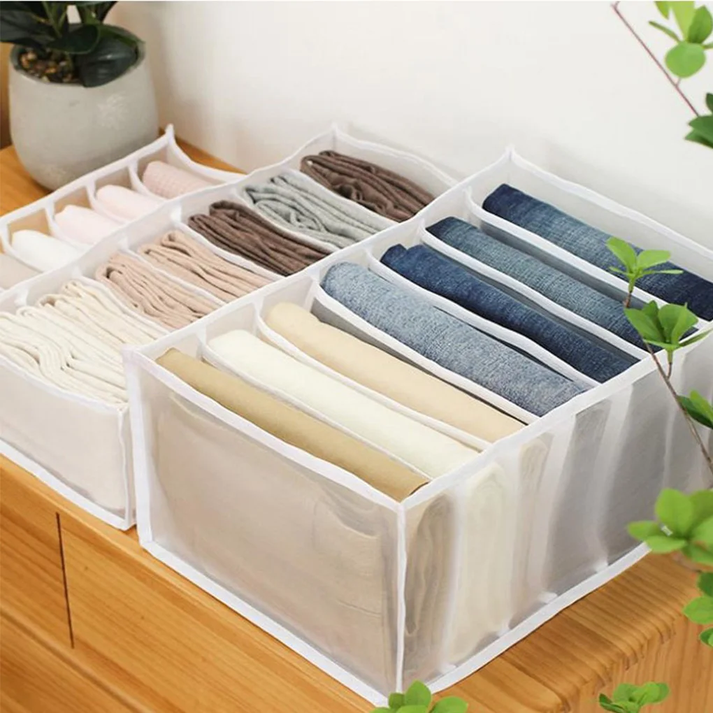 

7/6 Grids Jeans Compartment Storage Box Clothes Mesh Organizer Foldable Grids Drawer Container Washable Pants Organizers