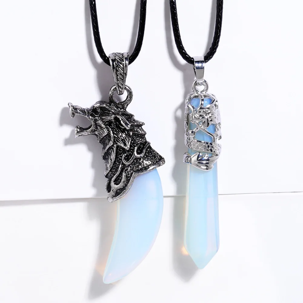 

V&YIDOU Artistic retro spirit ethnic style opal stone hexagon prism wolf tooth necklace pendant men's and women's same jewelry