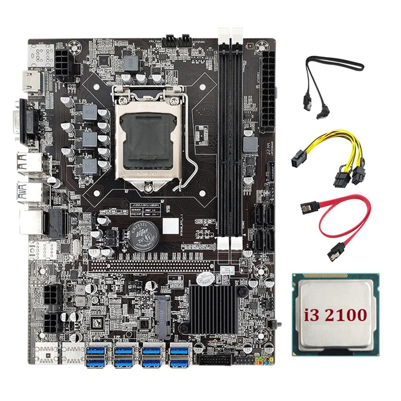 B75 BTC Mining Motherboard 8 GPU USB 3.0 To PCIE+6Pin To Dual 8Pin Cable+2XSATA Cable+I3 2100 CPU LGA1155 B75 USB Miner