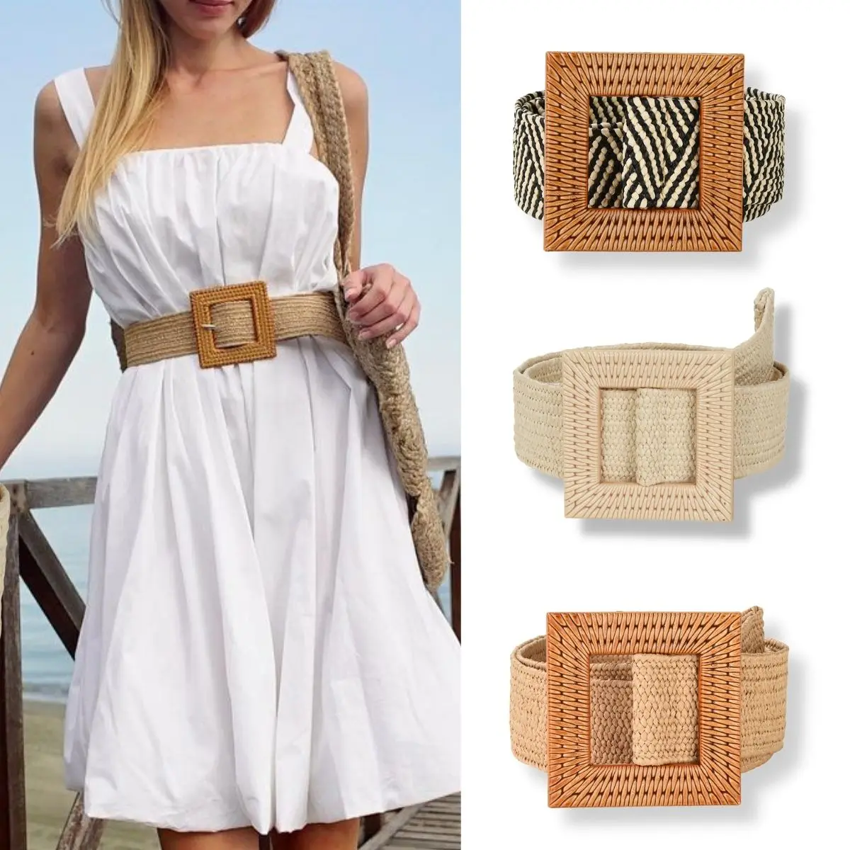 Vintage Big Buckle Elastic Braided Belt For Women Bohemian Straw Woven Belt Summer Beach Style Waistband Ladies Dress Decoration