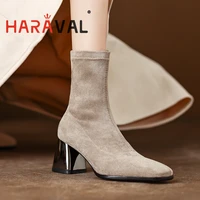 haraval women stretch ankle boots suede slip on solid gun thick mid heels rounded toe fashion elegant lady casual shoes
