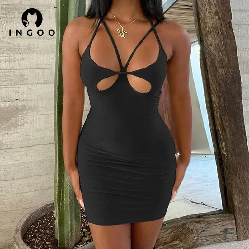 

INGOO Backless CutOut Bodycon Sexy Mini Dress Party Club Outfits For Women Summer Sleeveless Elegant Strap Bandage Black Dresses
