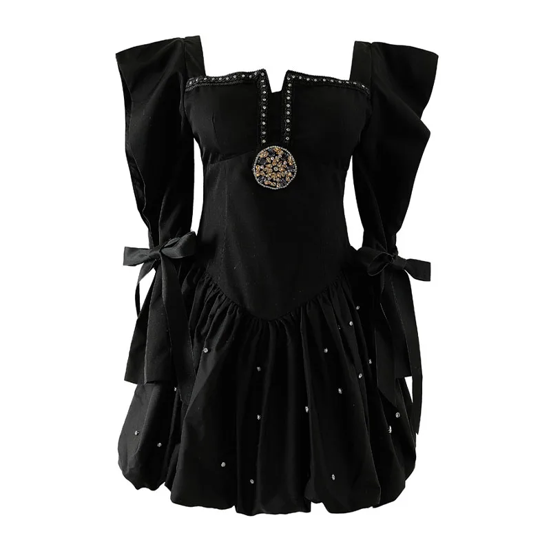 

French Elegant Black Gothic Vintage Princess Party Dresses Women Square Collar Slash Neck Long Sleeve Bandage Mini Y2K Dresses
