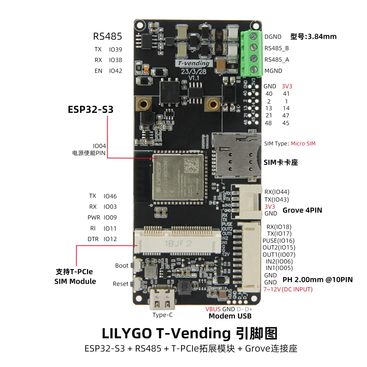 Фото Модуль расширения LILYGO T-Vending ESP32-S3 RS485 с поддержкой T-PCIE Grove №1