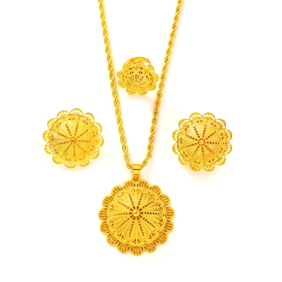 Комплект ювелирных изделий в эфиопском золотом цвете серьги-подвески кольца