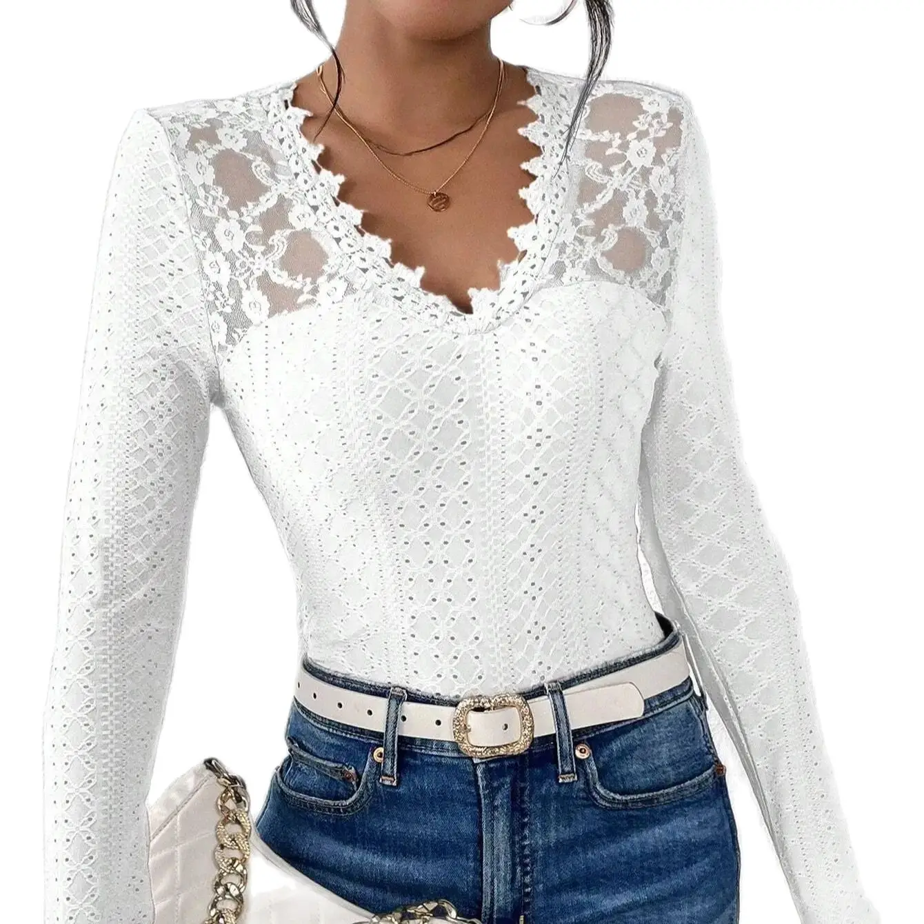 Женская кружевная лоскутная облегающая футболка с v-образным вырезом и длинными