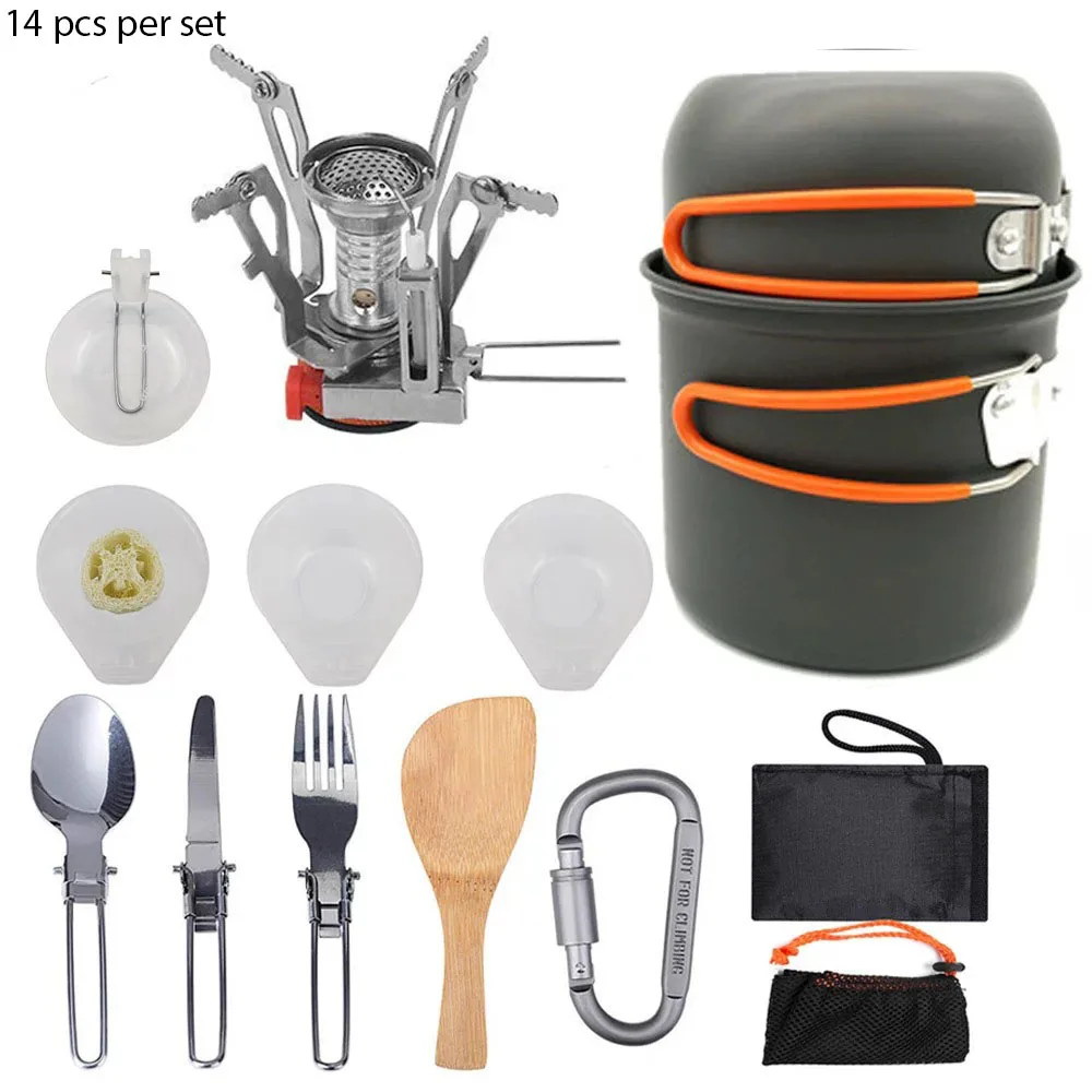 

14pcs Outdoor Nonstick Cookware Backpacking Camping Cooking Tool Set Foldable Pan Pot Gas Stove Dinnerware Set For 1-2 Person