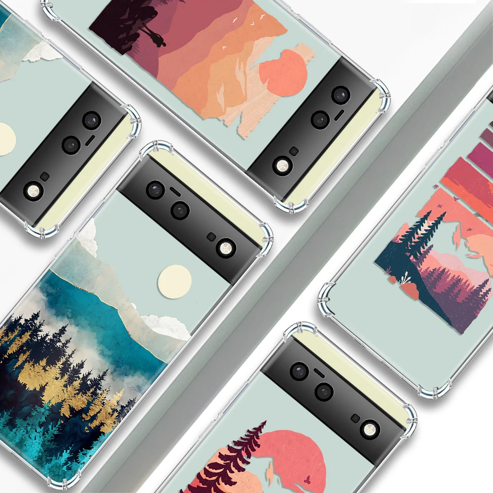 

Cartoon Sunset Mountain Transparent Phone Case For Google Pixel 7a 6a 7Pro 6 7 6Pro Cases Shockproof Soft Silicone TPU Cover