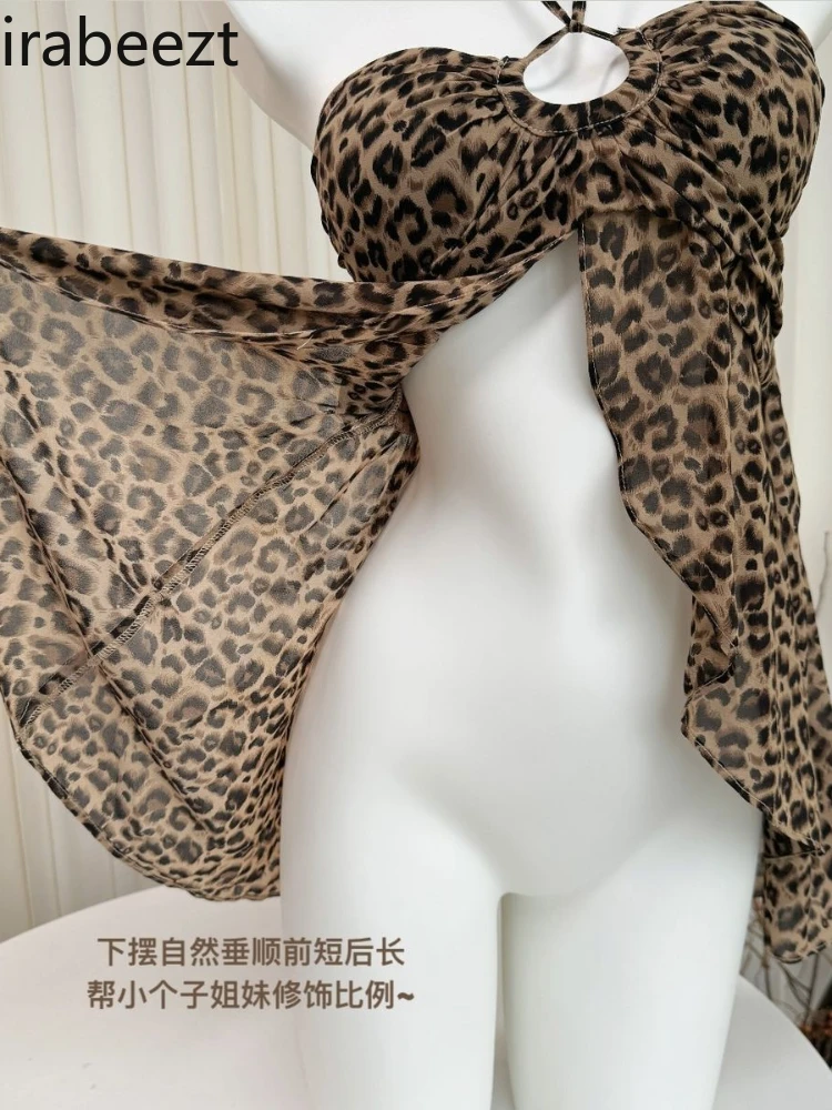 Женский Летний шифоновый топ с леопардовым принтом и лямкой на шее