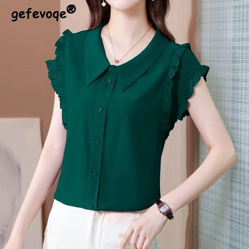 

Elegant Fashion Solid Ruffles Button Shirt Summer 2022 New Peter Pan Collar Short Sleeve Slim Pullovers Blouse Women's Clothing
