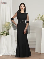 flare sleeve black evening dress beading round neck sequin illusion see through sheath formal evening gown long floor length