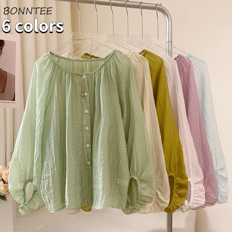

Pure Shirts Women 6 Colors Minimalist Classic All-match Breathable Summer Cozy Casual Korean Style Femme Folds Sun-proof Popular