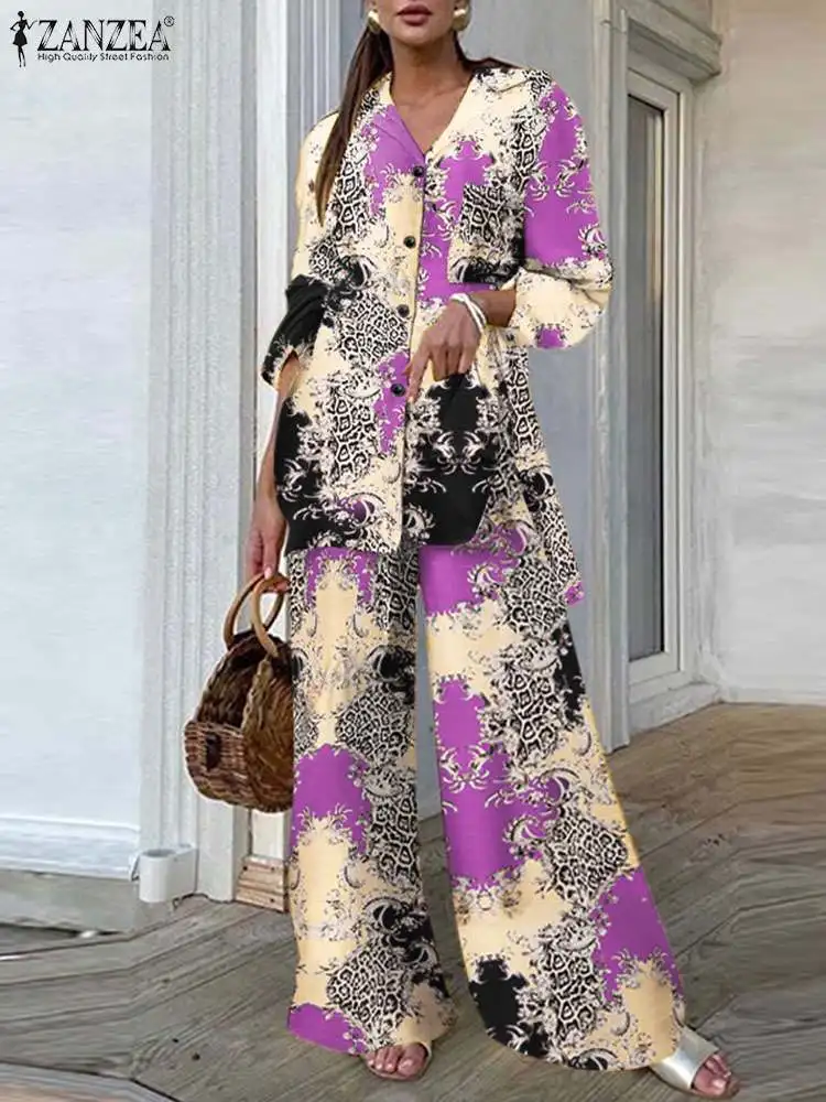 

ZANZEA 2023 Printing Long Sleeve Long Shirts 2pcs Pant Sets Women Fashion Wide Leg Trousers Casual Top and Pant Tracksuits