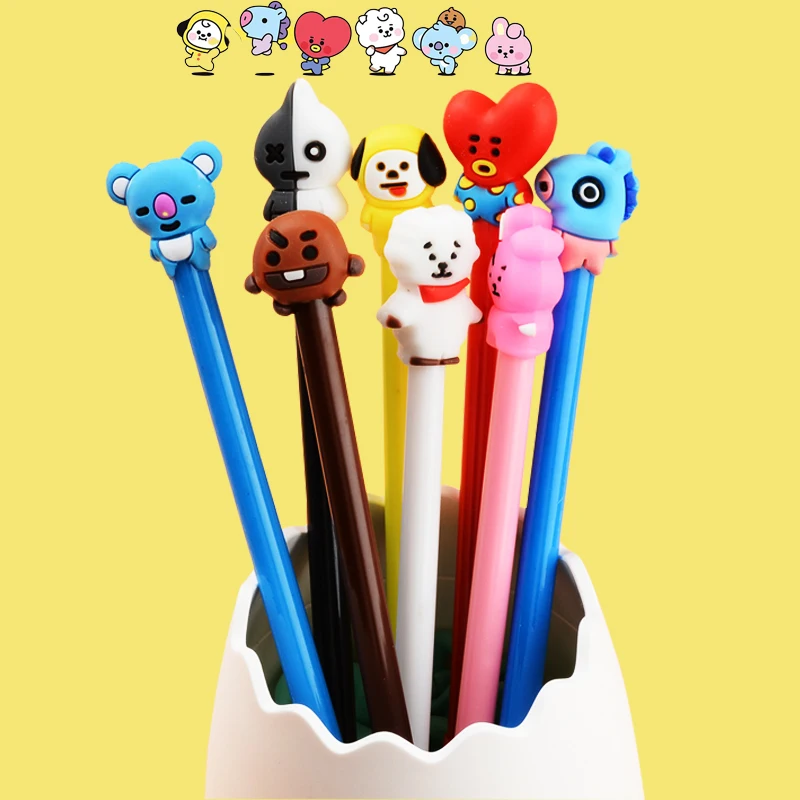 Roller Ball Pen Kpop Bt Kawaii Anime Cap negro 0,5 Mm Rj Chimmy Tata Mang Cooky lindo estudiante papelería Schhool Fans regalos para niñas