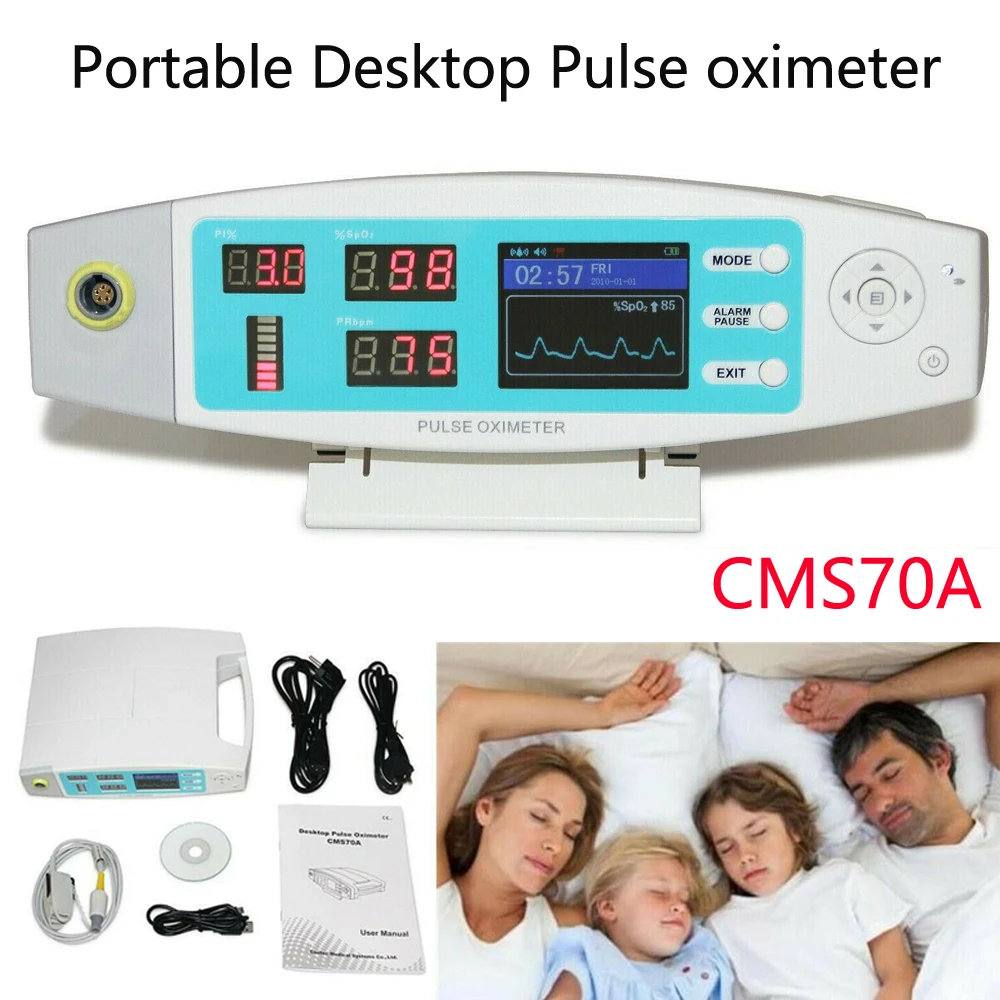 

CMS70A Desktop Pulse Oximeter Child Neonate Finger SpO2 Probe PR PI Meter Color Display Oxygen Saturation Meter with Software