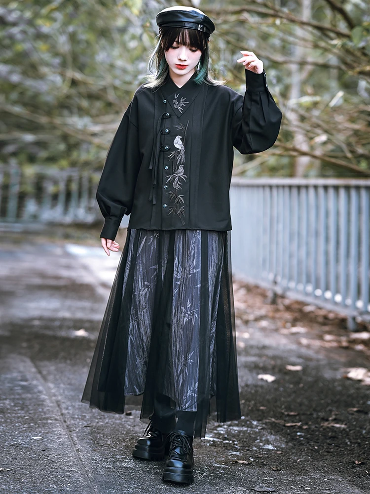 Популярный дизайн Sense новая черная рубашка с длинными рукавами и китайской