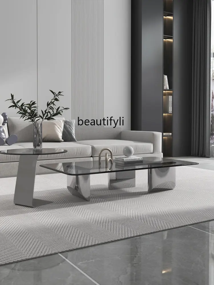 

zq Modern Small Apartment Rectangular Coffee Table Living Room Home round Steel Glass Stainless Steel Size Combination