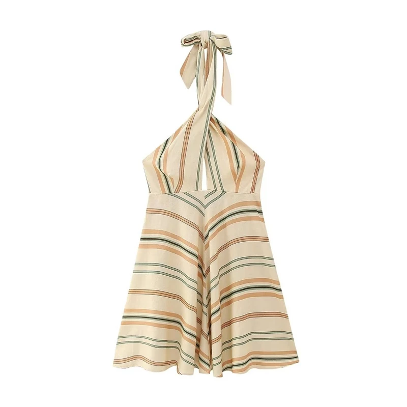 

Sexy Backless Striped Linen Bow Cross Halter Neck Dress Summer New Loose Skirt