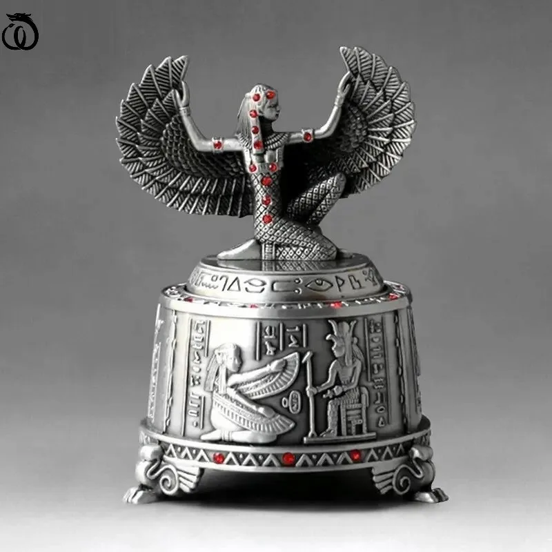 

Egyptian Cleopatra Art Sculpture Wings Goddess Statue Music Box Retro Ancient Egypt Figurines Alloy Craft Home Decor Accessories