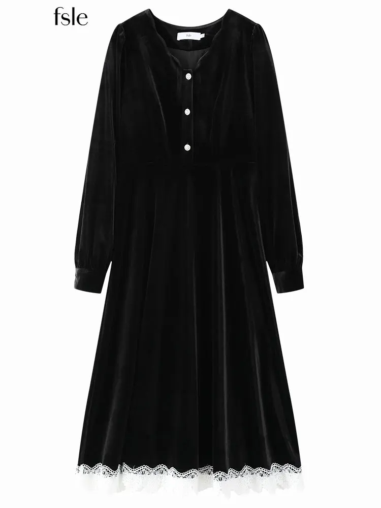 

FSLE Women French V-Neck Puff Sleeve Velvet Black Dress 2022 Winter New Contrast Lace Panel Long A-Line Dress High Waist Skirts