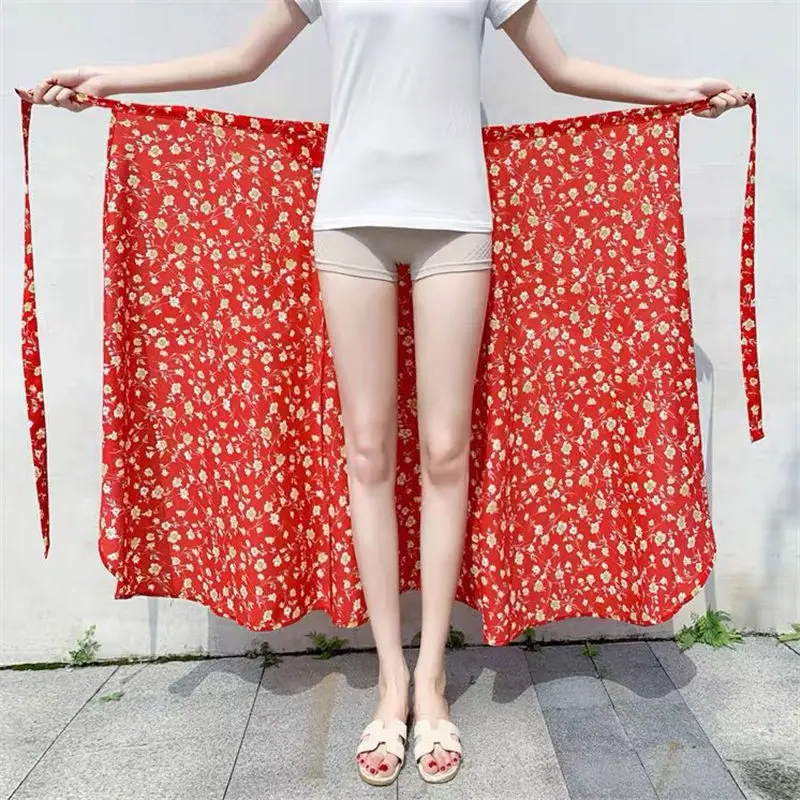 

2022 Summer Fashion Wrap Skirt Women Casual Chiffon One-piece Lace-up High Waist Irregular Ruffle Loose Floral Print Skirts