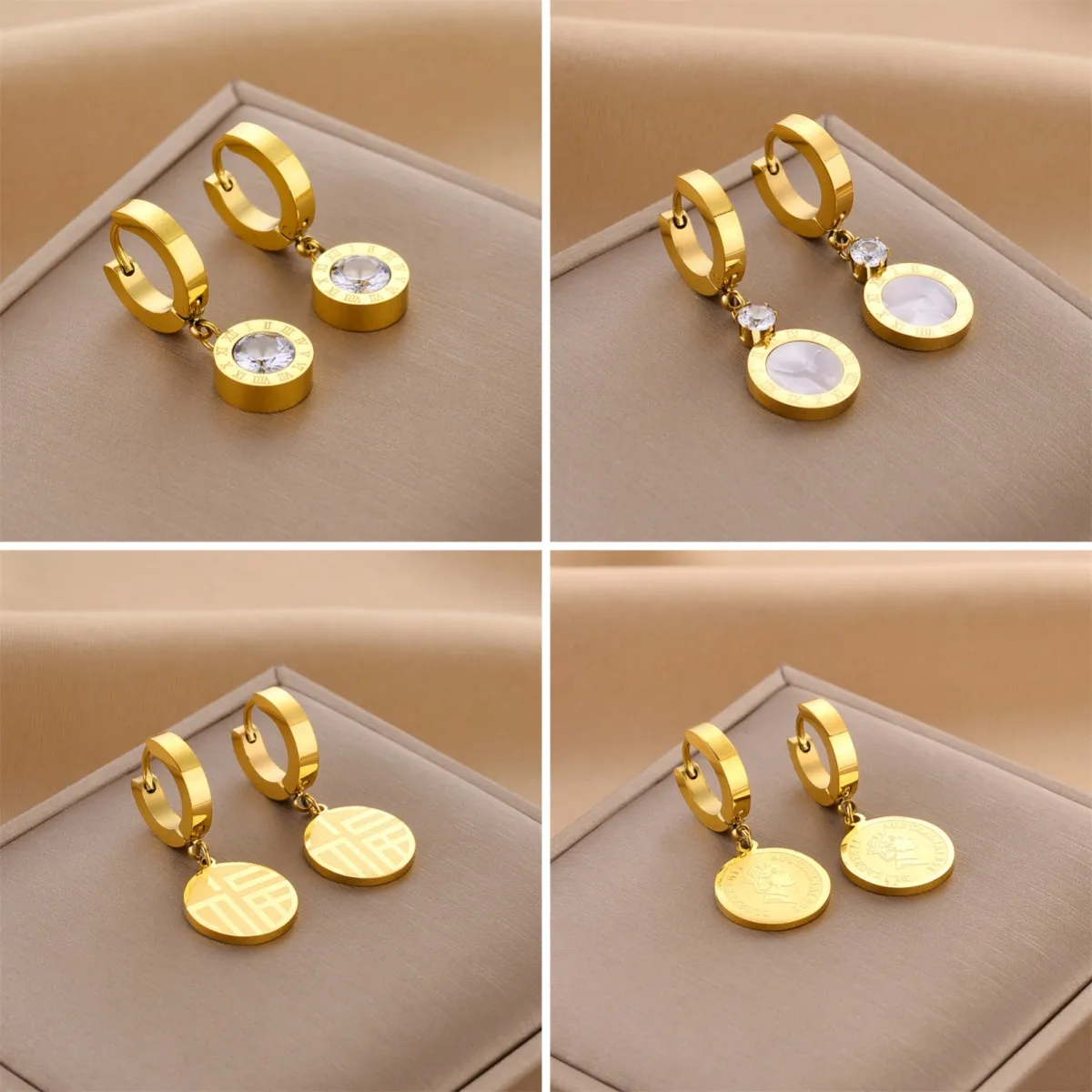 

316L Stainless Steel Round white Stone Hoop Earrings For Women Vintage Ethnic Gold Color Girls Ear Jewelry Party Gifts