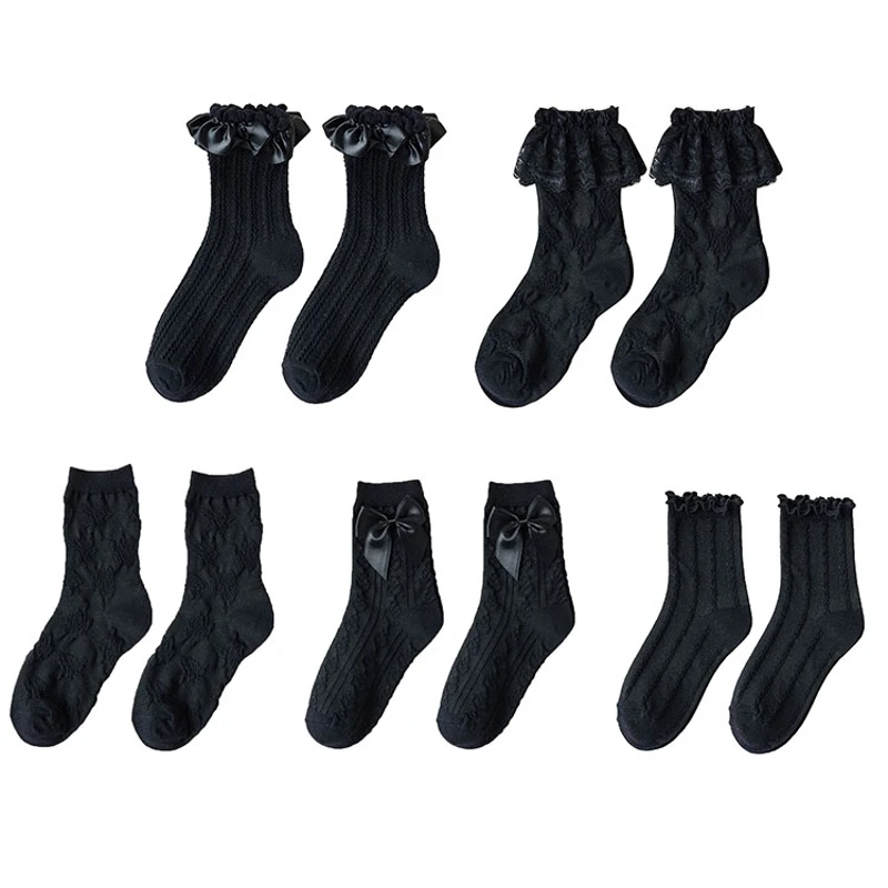 

Women Black Socks Gothic Frilly Ruffled Lace Striped Ankle Hosiery Drop Shipping