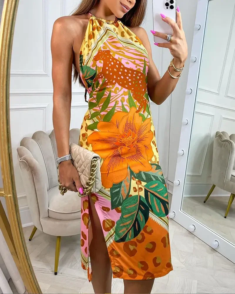 

2022 Summer Woman Chic Sexy Tropical Leopard Print Halter Backless Sleeveless Slit Tied Detail Vacation Dress