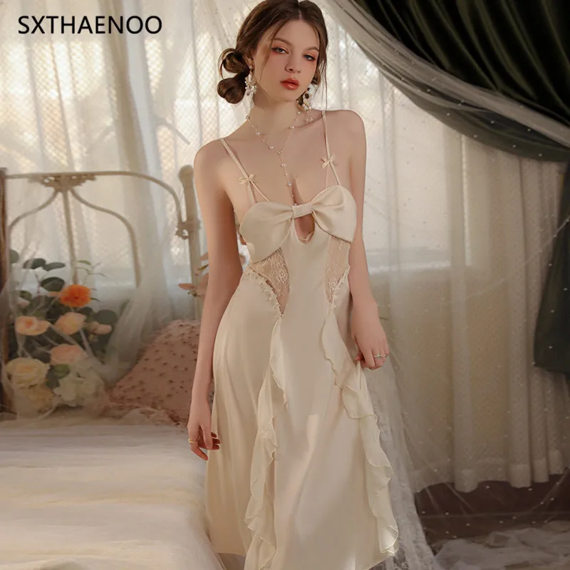 

SXTHAENOO New Summer Sling Nightdress Lace Pajamas Woman Long Robe & Gowns Fashion Bathrobe Set Sleepwear Lingerie for Women