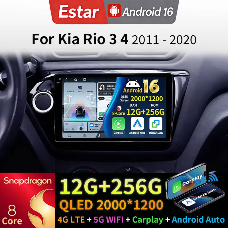 Фото Автомагнитола Android 16 с CarPlay для Kia Rio 3 4 2011-2020, беспроводной CarPlay, Android Auto, 4G+5G Wi-Fi, 2K QLED навигация, камера 360° №1