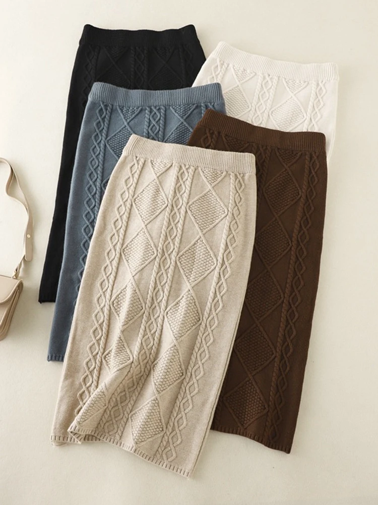 

TIGENA Knitted Pencil Skirt Women 2022 Fall Winter Thick Warm Korean Solid Slim High Waist Midi Long Skirt Female