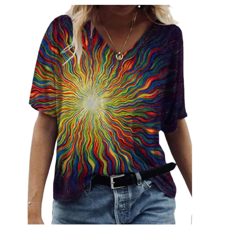

2021 New Summer Women T Shirts 3D Paisley Printing T Shirt Casual Short Sleeve V-Neck Loose Abstract Painting Tops Oversized Tee