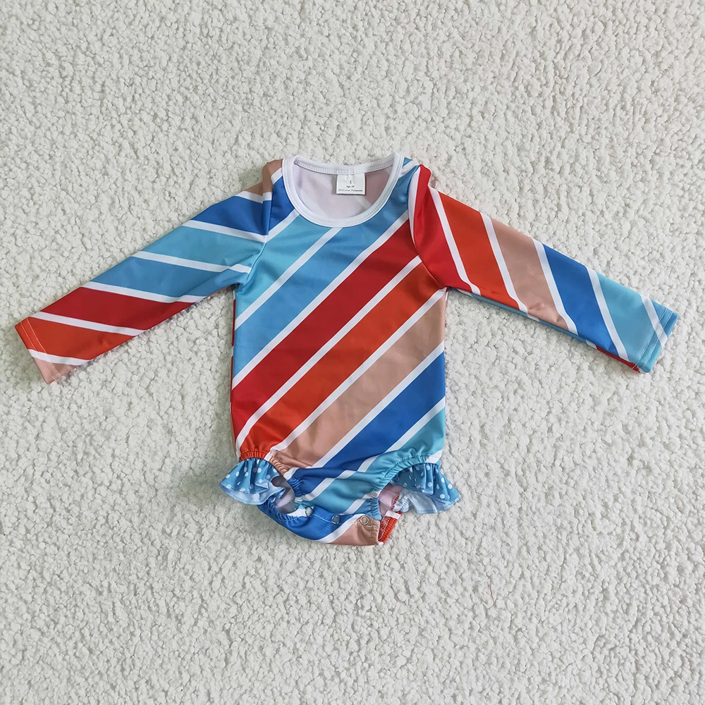 

2022 Long Sleeve Blue Striped Print Adorable Hot Sale Baby Girls 0-16y Kids Swimsuits Bathing Suit