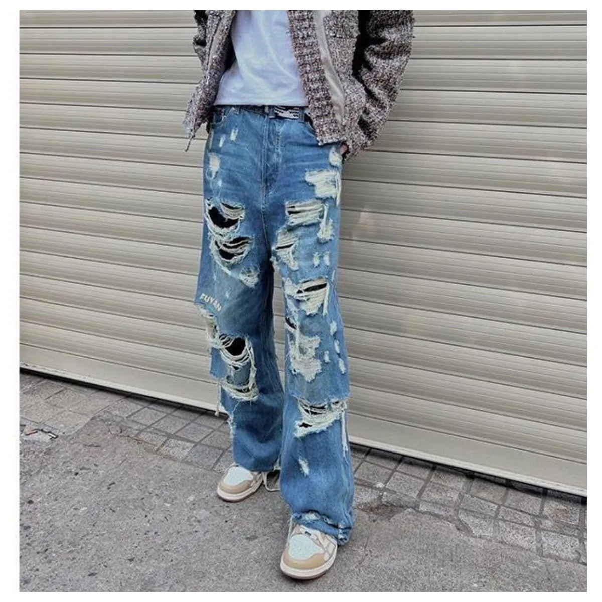 American Style Streetwear Washed Torn Jeans For Men And Women's Street Hip-Hop Loose Wide Leg Straight Leg Pants Fashion Style