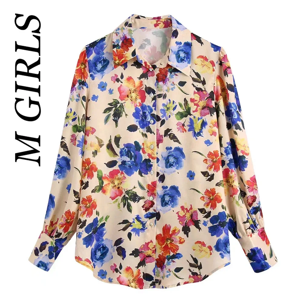 M GIRLS Women Fashion Flowing Floral Print Shirts Vintage Long Sleeve Button-up Female Blouses Blusas Chic Tops