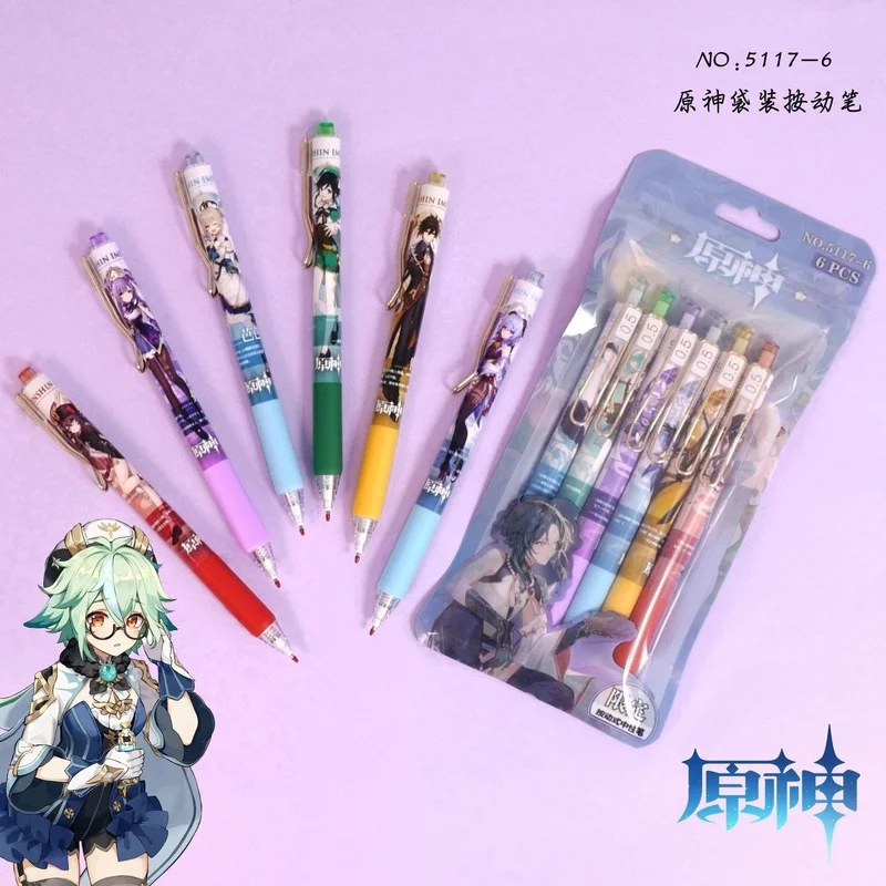 

Аниме Genshin ударная ручка 6 шт./компл. Черная гелевая ручка студенческие ученические канцелярские игрушки подарок 0,5 мм