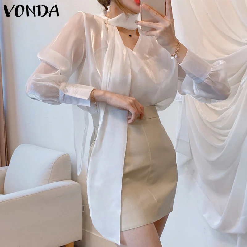 

VONDA Women Office Shirts 2022 Sexy Puff Sleeve Solid Color Casual Tops Bow V Neck Pleated Blouse Blusas Femininas Oversized